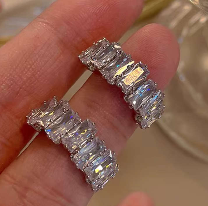 Silver Colour Stainless Steel Curved Rhinestone Earrings with Clear Rubber Back Closure