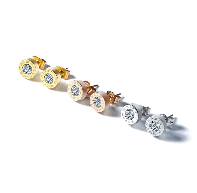 Silver Colour Stainless Steel Roman Numeral Rhinestone Stud Earrings