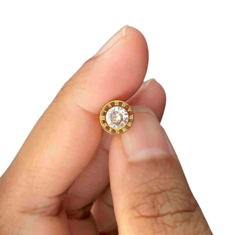 Gold Colour Stainless Steel Roman Numeral Rhinestone Stud Earrings