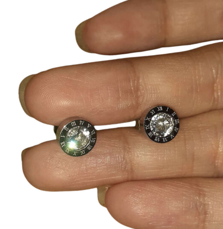 Silver Colour Stainless Steel Roman Numeral Rhinestone Stud Earrings