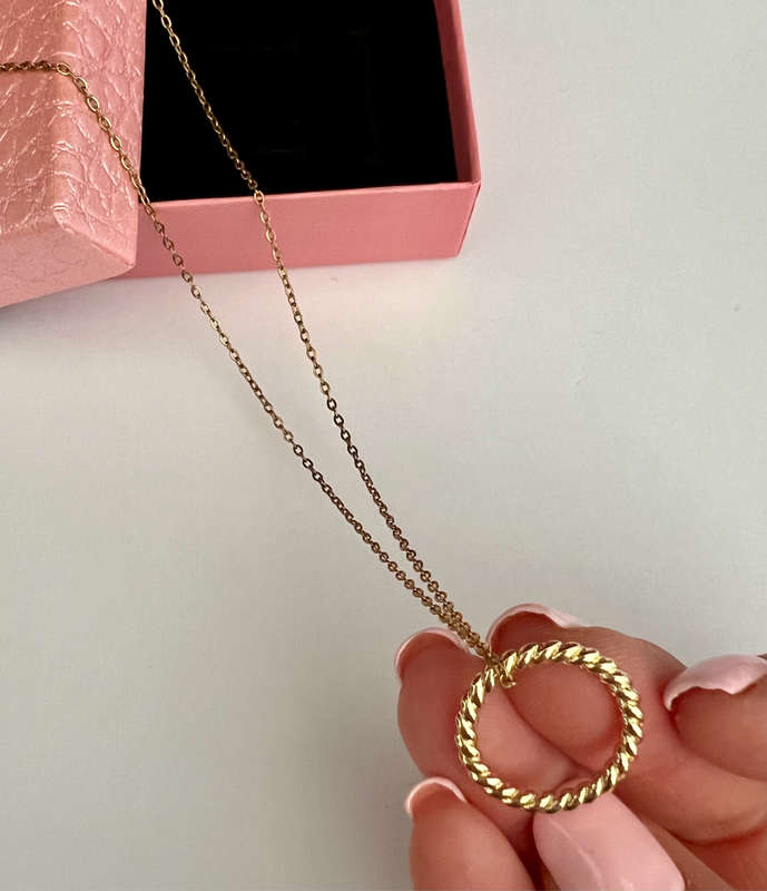 Zinc Alloy Twisted Circle Pendant on Gold Colour Stainless Steel Necklace