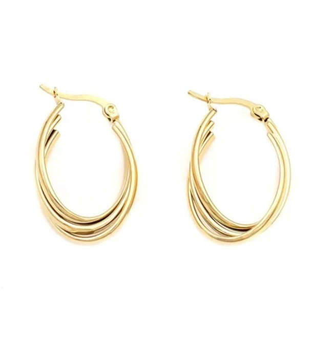 Gold Colour Stainless Steel Tri Oval Earrings in Jewellery Gift Box