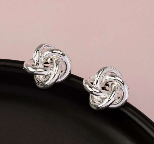 Silver Colour Twisted Knot Stud Earrings in Jewellery Gift Box