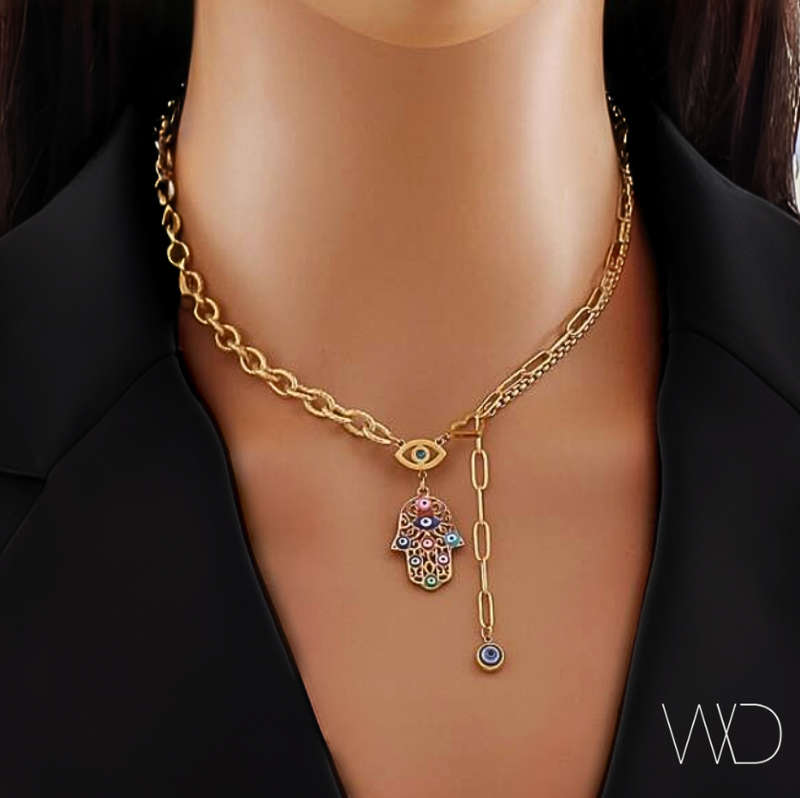 Gorgeous Gold Stainless Steel Hamsa Hand and Oil Drop Eye Necklace in High Quality Velvet Jewellery