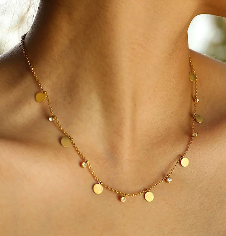 Diamante and Discs Charms Gold Stainless Steel Pendant Necklace in Velvet Jewellery Gift Box