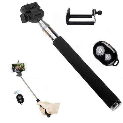 Black Monopod Selfie Stick + Phone Holder + Bluetooth Remote