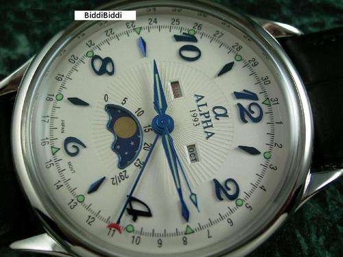 Alpha multifunction calendar watch with moon phase, date, day of week, month