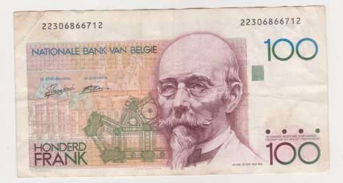 Belgium 100 francs banknote, 1978 to 1994. Circulated.