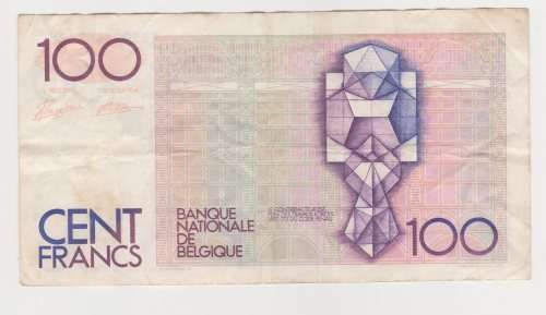 Belgium 100 francs banknote, 1978 to 1994. Circulated.