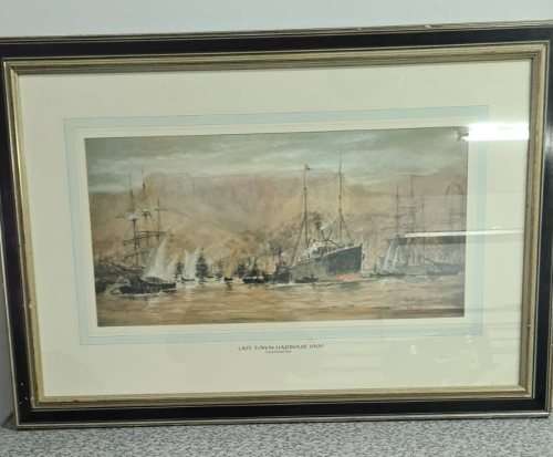 Print of `Cape Town Harbour` by Charles Edward Dixon, 1909, originally property of the Mount Nelson
