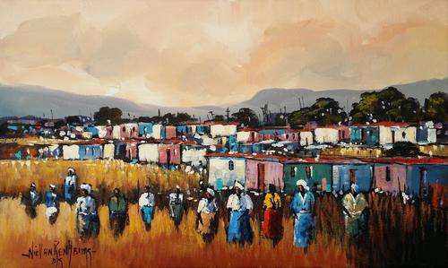 Original painting by NIC VAN RENSBURG - On the way to the Spaza shop - 500 x 300
