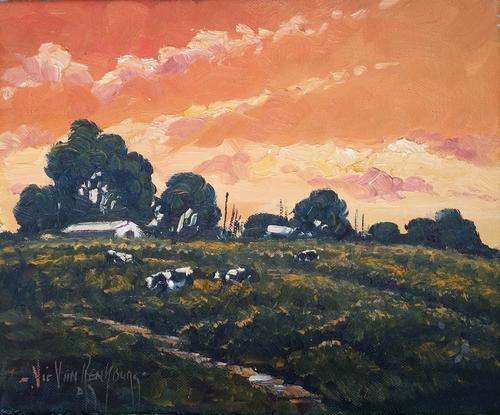 Original Painting by NIC VAN RENSBURG - Sunset on the Farm -  305 x 255