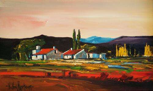 Original painting by NIC VAN RENSBURG - Farm Scene Sunset - 500 x 300