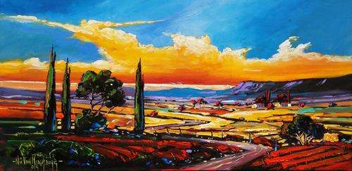 Original painting by NIC VAN RENSBURG - Farm Scene Sunset 3 - 1000 x 500