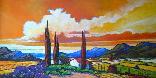Original painting by NIC VAN RENSBURG - Farm Scene Sunrise 3 - 1000 x 500
