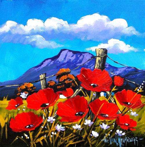 Original Painting by NIC VAN RENSBURG - Flowers at the Fence 1 - 350 x 350