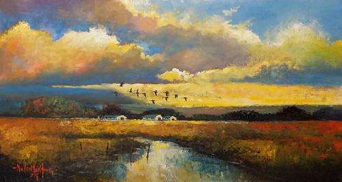 Original painting by NIC VAN RENSBURG - Ducks at Sunset 2 - 1000 x 500