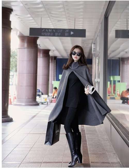 Cloak Style Cool Girl Hooded Solid Color Fur Stand Collar Long Coat