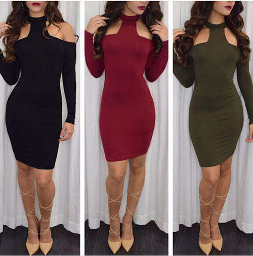 Solid Long Sleeve Fitted Wrap Halter Dress