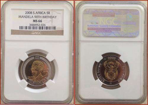 (NGC) 10 x MS66 - 2008 NELSON MANDELA 90th BIRTHDAY R5 COIN