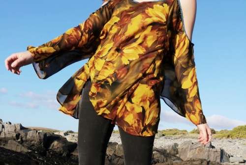 Vintage rose print sheer blouse / burnt yellow blouse / evening blouse / long sleeve of the shoulder