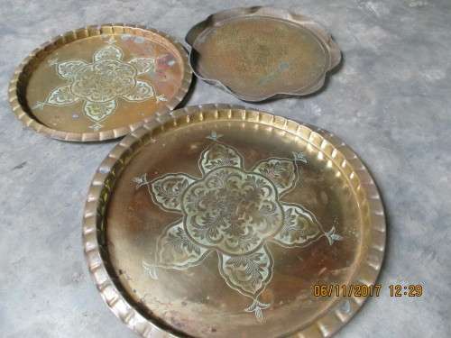 THREE BRASS SERVING TRAYS