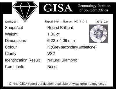 HUGE **1.36CT  VS2 K COLOUR TOP QUALITY** GISA CERTIFIED DIAMOND