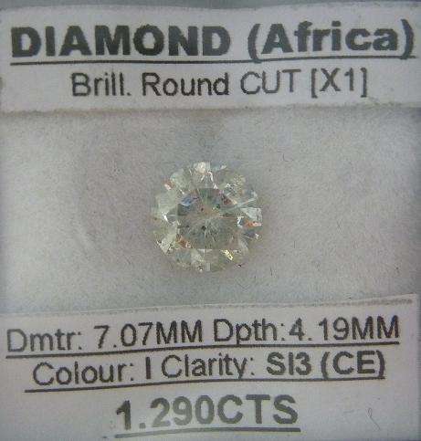 Buy direct from wholesaler, 1.290ct Round Cut Diamond Colour I, Clarity, SI3