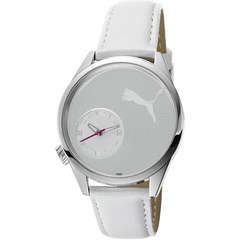 BRAND NEW PUMA Women's Blink Silver Watch with White Leather Band