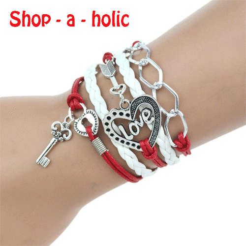 *** GENUINE LEATHER BRAIDED CHARM BRACELET - HEART  & KEY RED ***
