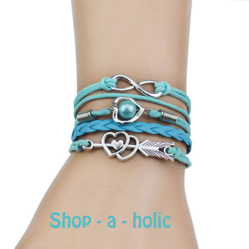 ***GENUINE LEATHER BRAIDED CHARM BRACELET - LOVE ARROW BABY BLUE ***