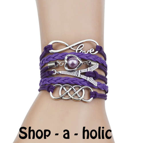 ***NEW - GENUINE LEATHER BRAIDED CHARM BRACELET - EIFFEL TOWER PURPLE***