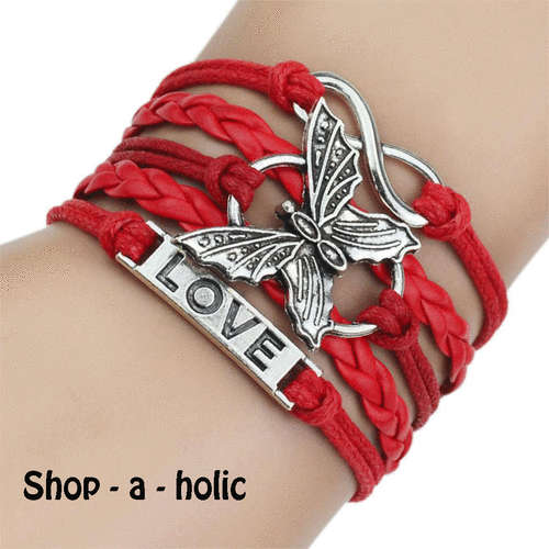 ***NEW - GENUINE LEATHER BRAIDED CHARM BRACELET - LOVE BUTTERFLY RED***