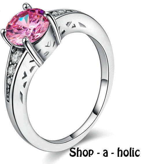 *** PINK AUSTRIAN CRYSTAL 18K WHITE GOLD PLATED RING * Size 9  / R ***