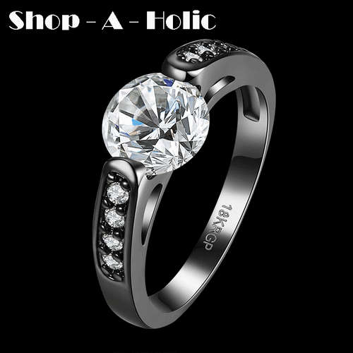 *** DESIGNER ~ 18K BLACK GOLD PLATED ~ SIMULATED DIAMOND ENGAGEMENT RING * Size 7 / N   ***