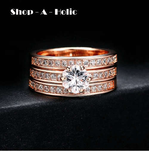 *** STUNNING ~ TRIPLE STACK ~  18K ROSE GOLD PLATED WEDDING SET  * Size 6 / L ***