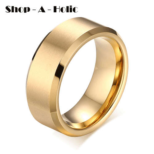 ***MENS 8MM WIDE BEVELED RING - Gold Plated * Size 7  /  N 1/2 ***