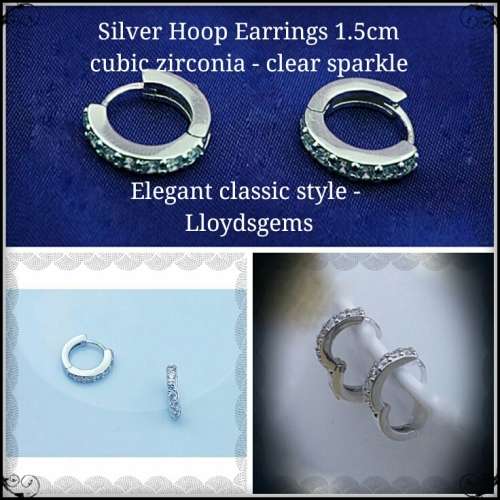 CLASSIC Silver HOOP CZ EARRINGS, 1.5cm, FREE VELVET BAG***