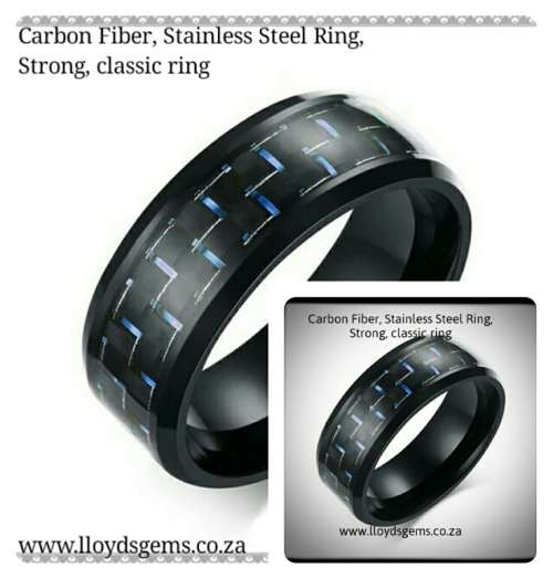 CARBON FIBER RING, Blue electric fleck detail,  8MM FREE BOX, SIZE 8