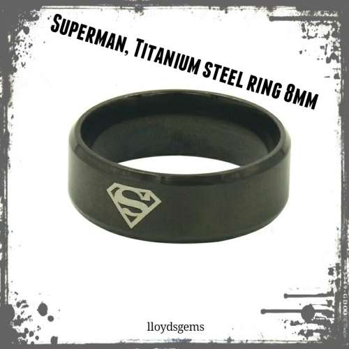 Titanium Superman ETCH Ring, Black Satin rings 8MM, FREE RING BOX, WEDDING BAND, SIZE 10 only