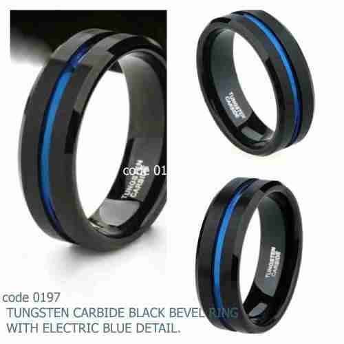 TUNGSTEN CARBIDE,Black, BLUE DETAIL RINGS 8MM FREE BOX,SIZE 8