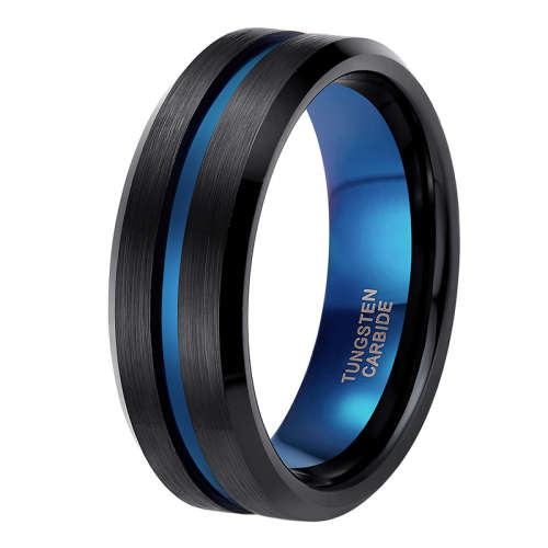 TUNGSTEN RING, BLACK, BLUE LINE BLUE INSIDe 8MM FREE BOX,SIZE 10 to 14