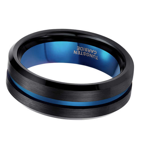TUNGSTEN RING, BLACK, BLUE LINE BLUE INSIDe 8MM FREE BOX,SIZE 10 to 14
