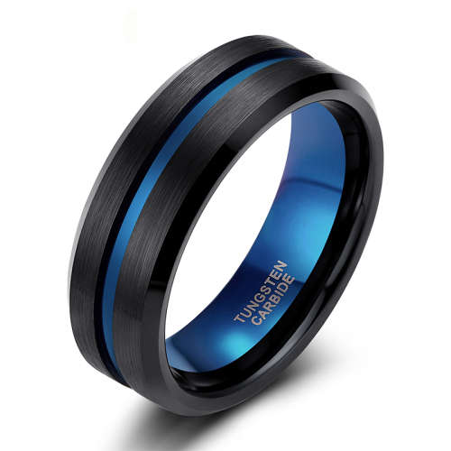 TUNGSTEN RING, BLACK, BLUE LINE BLUE INSIDe 8MM FREE BOX,SIZE 10 to 14