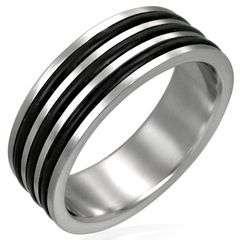 ***MENS STAINLESS STEEL / TRIPLE BLACK BAND RING****