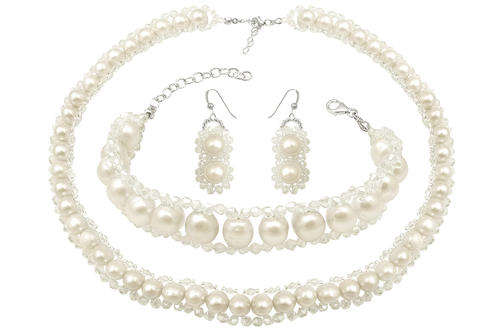 ***STUNNING! 925 SILVER & WHITE NATURAL PEARL NECKLACE, BRACELET & EARRINGS SET***
