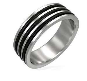 ***MENS STAINLESS STEEL / TRIPLE BLACK BAND RING****