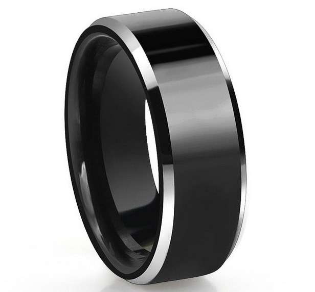 TUNGSTEN CARBIDE Ring BLACK with SILVER BEVEL EDGE,8mm FREE BOX, size 8