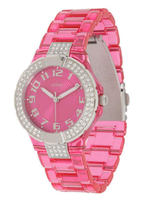 NEW GUESS PRISM SWAROVSKI LADIES TRANSLUCENT PINK PLASTIC WATCH U95198L3***FREE SHIPPING***