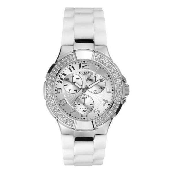 GUESS STAINLESS STEEL PRISM WHITE  STRAP LADIES WATCH WITH SWAROVSKI CRYSTALS#READY TO SHIP#